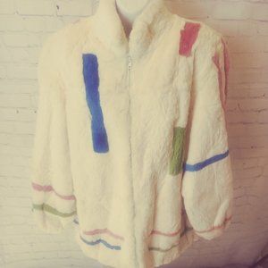 Vintage 1980's Super Soft Rabbit Fur Coat with Stylized Primary Color Strips (L)
